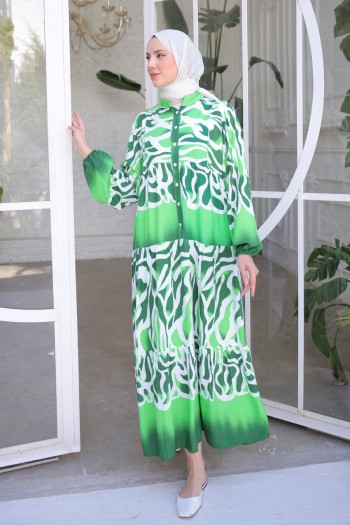 Yeşil Hakim Yaka Kol Lastikli Desenli Elbise