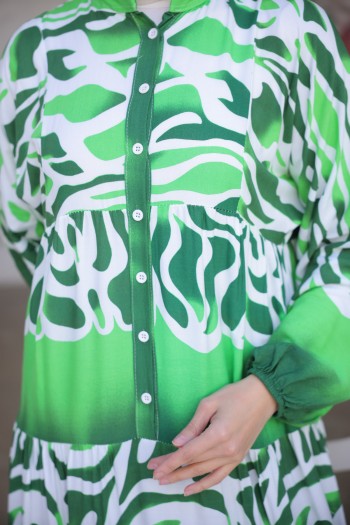 Yeşil Hakim Yaka Kol Lastikli Desenli Elbise