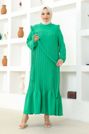 Yeşil Piliseli Kuşaklı Elbise