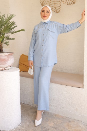 Bebe Mavi Taşlı Cepli Tunik Pantolon Takım