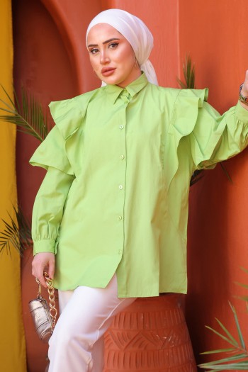 Fıstık Yeşili Omuz Detaylı Salaş Terikoton Gömlek