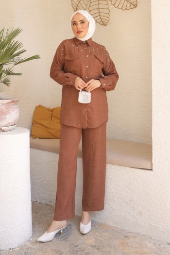 Kahverengi Taşlı Cepli Tunik Pantolon Takım