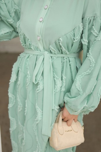 Mint Balon Kol Püskül Detaylı Şifon Elbise