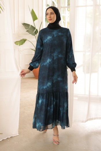Petrol Mavisi Eteği Katlı Desenli Şifon Elbise