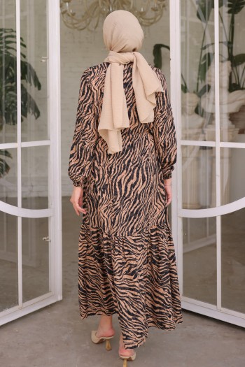 Siyah Büzgülü Eteği Katlı Kol Lastikli Zebra Viscon Elbise