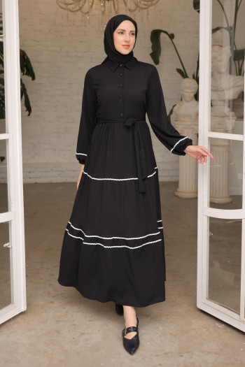 Siyah Kol Lastikli Eteği Katlı Şeritli Bürümcük Elbise