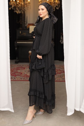 Siyah Ponpon Detaylı Şifon Elbise