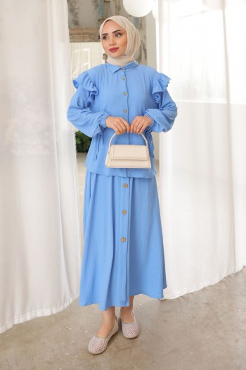 Bebe Mavi Fırfırlı Kol Bel Detaylı Bluz Etek Bürümcük Takım