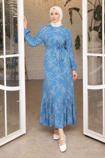 İndigo Eteği Katlı Kol Lastikli Desenli Viscon Elbise