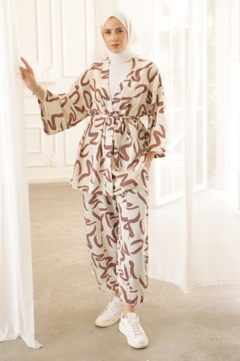 Kahverengi Kendinden Desenli Kimono Takım