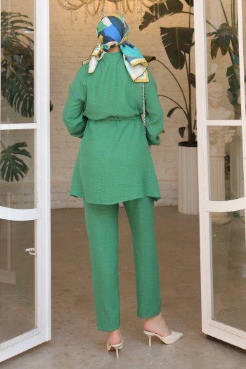 Yeşil Yaka Düğmeli Bel Büzgülü Tunik Pantolon Takım